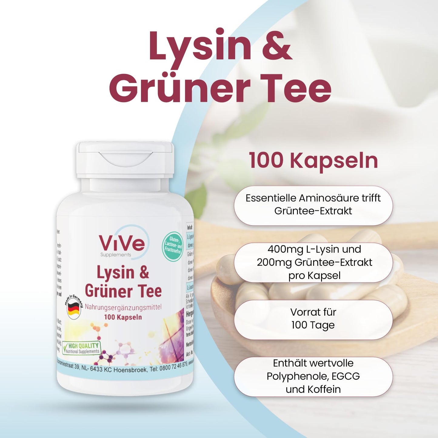 L-Lysine & Green Tea Extract - 100 Vegan Capsules, 400 mg / 200 mg, Polyphenols and EGCG, Large Pack for 100 Days, Quality from Germany ViVe Supplements