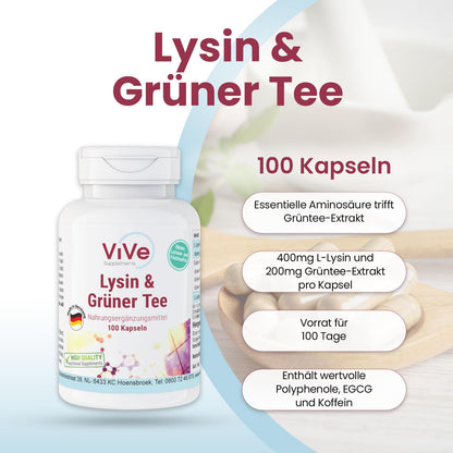L-Lysine & Green Tea Extract - 100 Vegan Capsules, 400 mg / 200 mg, Polyphenols and EGCG, Large Pack for 100 Days, Quality from Germany ViVe Supplements
