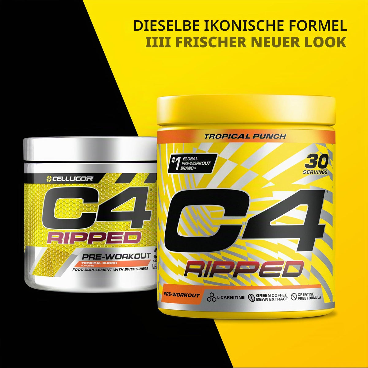 C4 Ripped Pre-Workout Booster Tropical Fruit Punch Drink Powder for Energy Drink 150 mg Caffeine + Beta-Alanine + Green Coffee Bean Extract 30 Servings