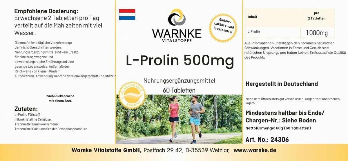 L-Proline 500 mg - Amino Acid - 60 Tablets - High Dose & Vegan | Warnke Vital Substances - German Pharmacy Quality