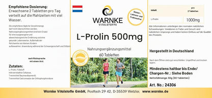 L-Proline 500 mg - Amino Acid - 60 Tablets - High Dose & Vegan | Warnke Vital Substances - German Pharmacy Quality