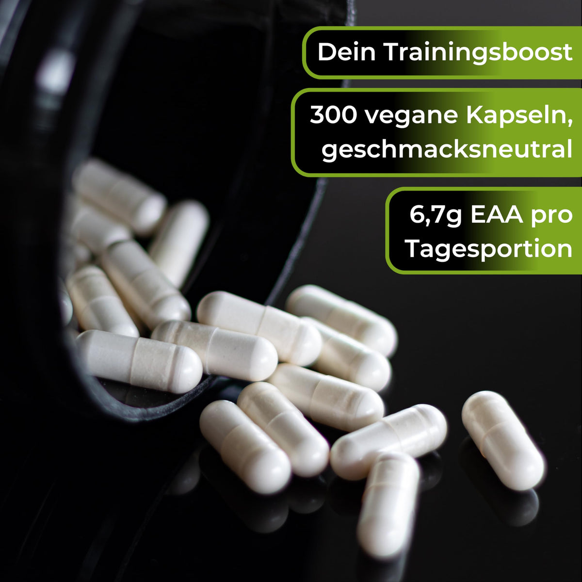 EAA Vegan Capsules - 8 Essential Amino Acids Including BCAA - Pack of 300 | MAP8 Multi Amino Pattern Code - optimally dosed, made from vegetable fermentation and without magnesium stearate