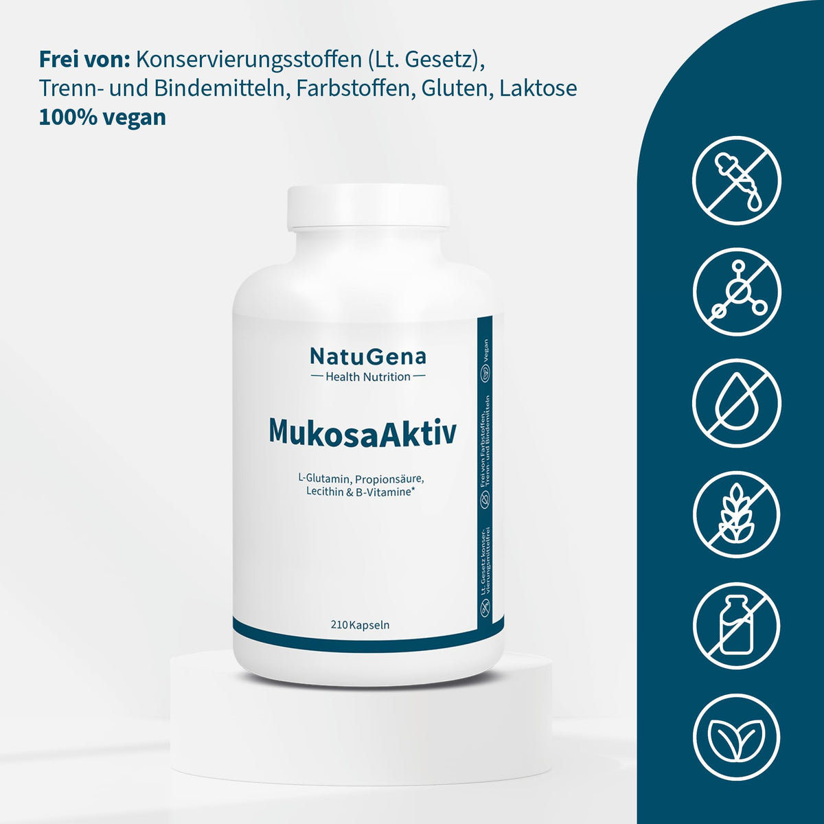 NatuGena Mukosa Active L-Glutamine (2000 mg), Lecithin (1,500 mg), L-Alanyl-L-Glutamine (200 mg), Propionic Acid (250 mg), High Bioavailability, 210 Capsules (30 Day Pack) | 2000 mg L-Glutamin mit 250 mg Propionsäure, 200 mg L-Alanyl-L-Glutamin