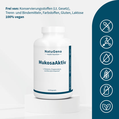NatuGena Mukosa Active L-Glutamine (2000 mg), Lecithin (1,500 mg), L-Alanyl-L-Glutamine (200 mg), Propionic Acid (250 mg), High Bioavailability, 210 Capsules (30 Day Pack) | 2000 mg L-Glutamin mit 250 mg Propionsäure, 200 mg L-Alanyl-L-Glutamin