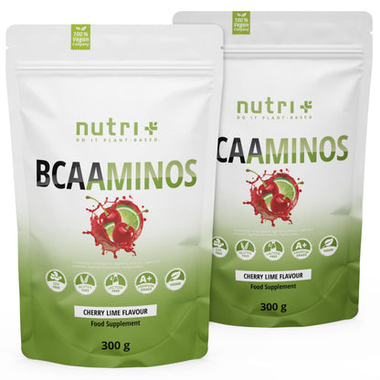 Nutri + BCAA Powder 600 g Cherry Lime - Amino Acids Complex High Dose - BCAAminos Instant Powder Cherry Vegan - Amino Acid 2:1:1 L-Leucine L-Isoleucine L-Valine - Amino Acid Complex