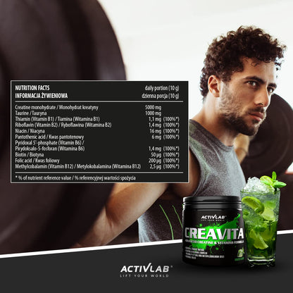 Activlab Creatine Powder - 3 g per serving - Creatine Monohydrate with Taurine, Vitamin B6 and B12-300 g - 30 Servings - Creavita - Mojito