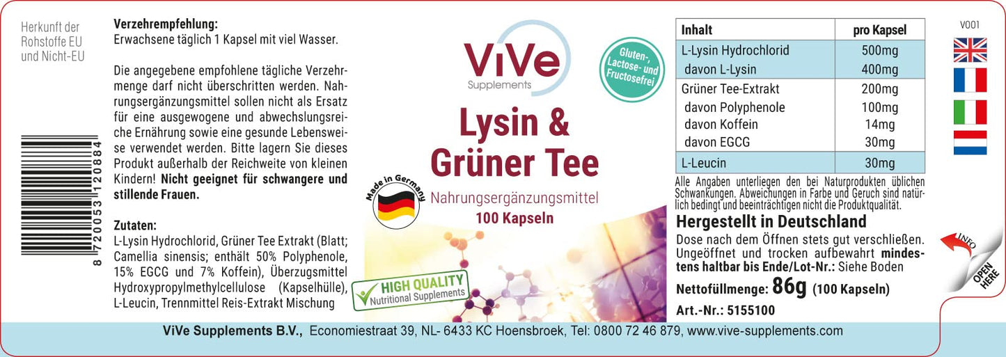 L-Lysine & Green Tea Extract - 100 Vegan Capsules, 400 mg / 200 mg, Polyphenols and EGCG, Large Pack for 100 Days, Quality from Germany ViVe Supplements