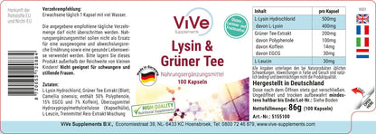 L-Lysine & Green Tea Extract - 100 Vegan Capsules, 400 mg / 200 mg, Polyphenols and EGCG, Large Pack for 100 Days, Quality from Germany ViVe Supplements