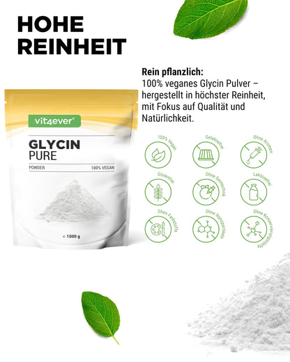 vit4ever Glycine Pure - 1000 g Powder - Naturally Sweet | Optimal dosage including measuring spoon, bioactive L-shape (L-glycine), without additives, laboratory tested, vegan