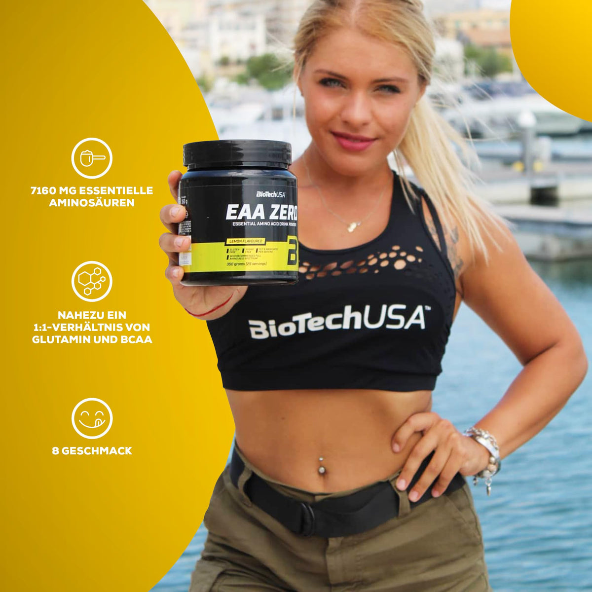 BioTechUSA EAA Zero, 9 Essential Amino Acids with L-Glutamine | Formulated according to WHO recommendation | Sugar and gluten free | Beverage powder | 350g Lemon Iced Tea
