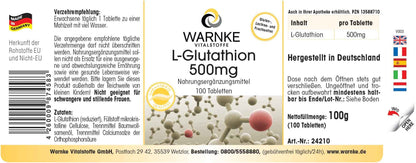 WARNKE Health Products L Glutathione 500mg – Reduces – 100 Vegan Tablets