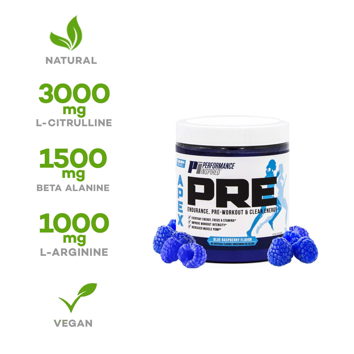 PERFORMANCE INSPIRED Nutrition - APEX Pre Workout Powder - Increase Energy & Endurance - Caffeine - Beta Alanine - All Natural - Vegan Formula - Blue Raspberry