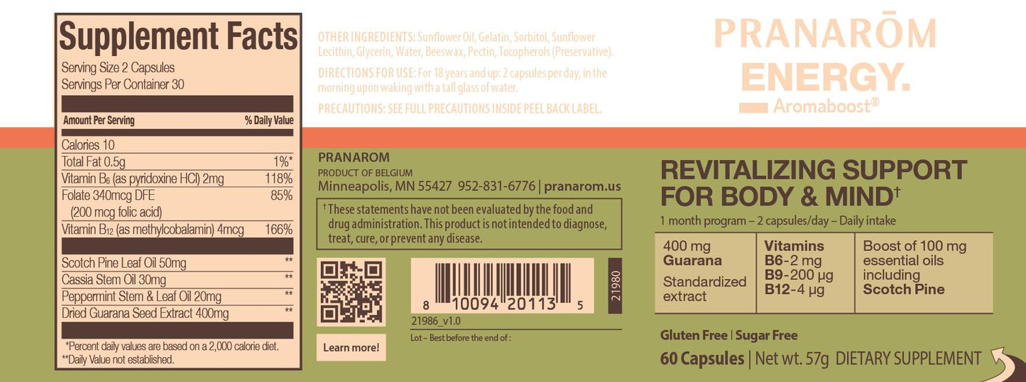 Pranarom - Aromaboost Energy Herbal Supplement - for Physical and Mental Fatigue - Guarana - Vitamins B6 B9 B12 - Pure Scots Pine Essential Oil - 60 Count PranaromBuy Supplements Australia