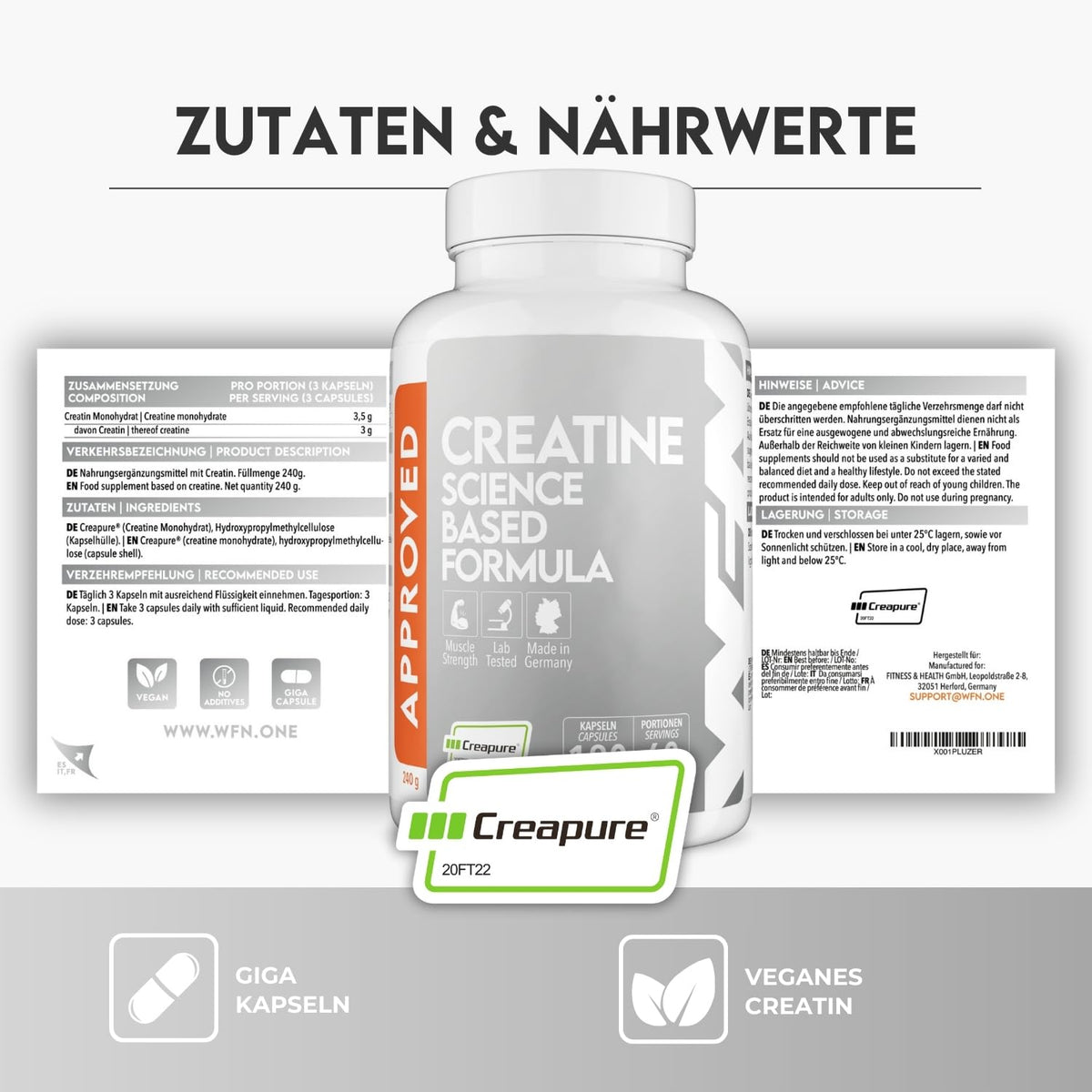 WFN Approved Creatine Caps - Creapure - 180 Creatine Capsules - High Dose Giga Caps - Pure Creatine Monohydrate - Vegan - 60 Servings - No Additives