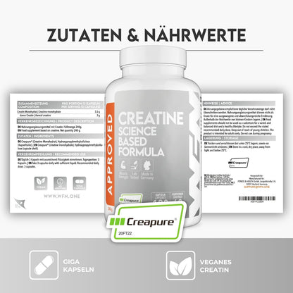WFN Approved Creatine Caps - Creapure - 180 Creatine Capsules - High Dose Giga Caps - Pure Creatine Monohydrate - Vegan - 60 Servings - No Additives