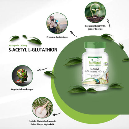 fairvital S-Acetyl L-Glutathione, 90 Vegan Capsules, Swallow-Friendly, Stable Glutathione Form, High Bioavailability, Quality Tested and High Dosage
