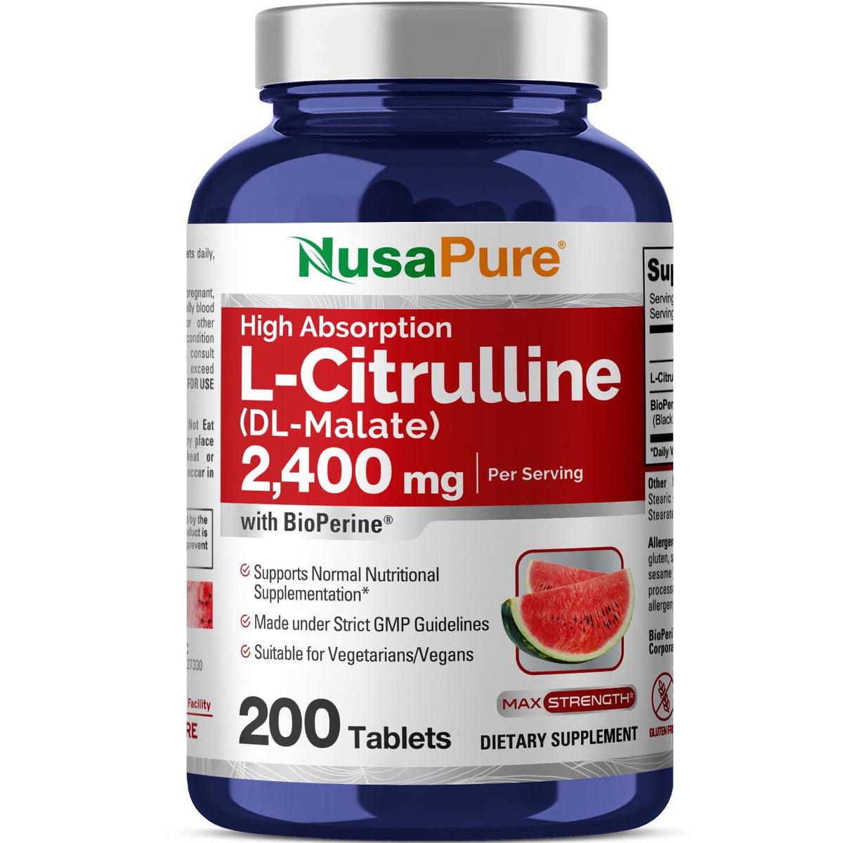 NusaPure L-Citrulline 2,400mg 200 Vegetarian Tablets (Non-GMO, Gluten Free)