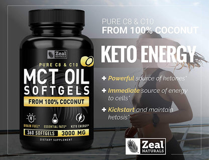 Pure MCT Oil Capsules (360 Softgels | 3000mg) 4 Month Supply Keto Pills w Unrefined Coconut Zeal NaturalsBuy Supplements Australia