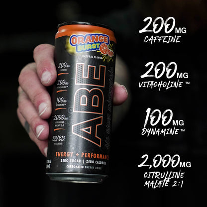 ABE Energy + Performance Sugar Free Energy Drink - All Black Everything Drink With Caffeine, VitaCholine, Dynamine, Citrulline Malate (11oz Can - Pack of 12) (Orange Burst)