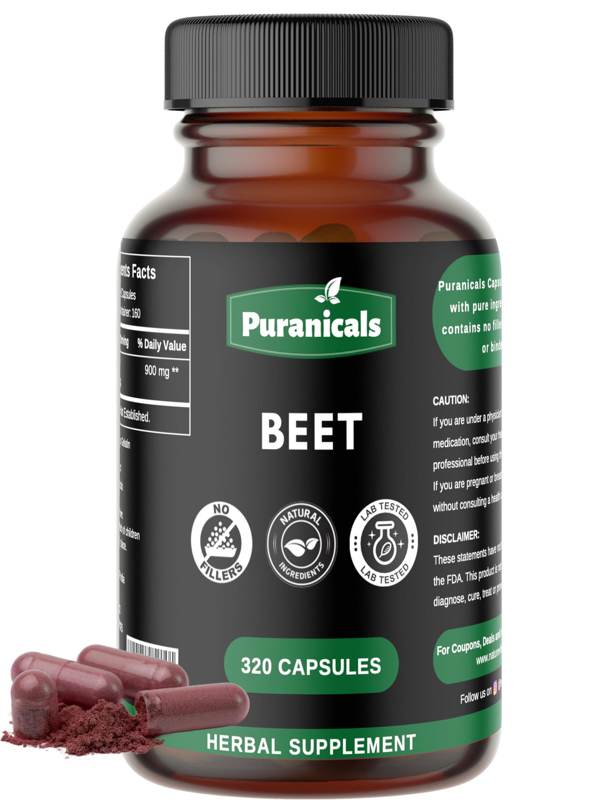 Puranicals Beet Premium 320 Capsules Nitric Oxide Booster | Herbal Supplement | 900 mg