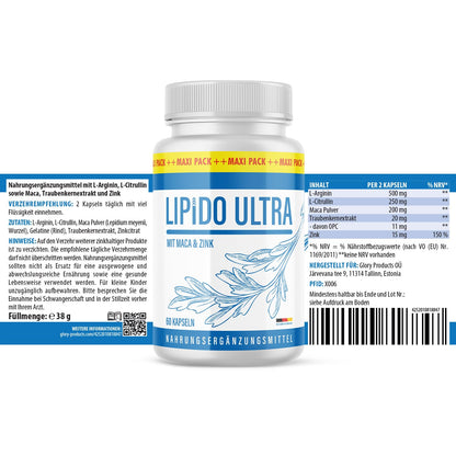 Lipido Ultra Capsules | With L-Arginine, L-Citrulline and Maca | For Men | 60 Capsules