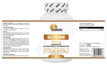 Glycine 750 mg per tablet - 120 tablets - focus & well-being | Pure Amino Acid for Night Recovery - No Additives, High Purity - Sowelo (2-Pack)