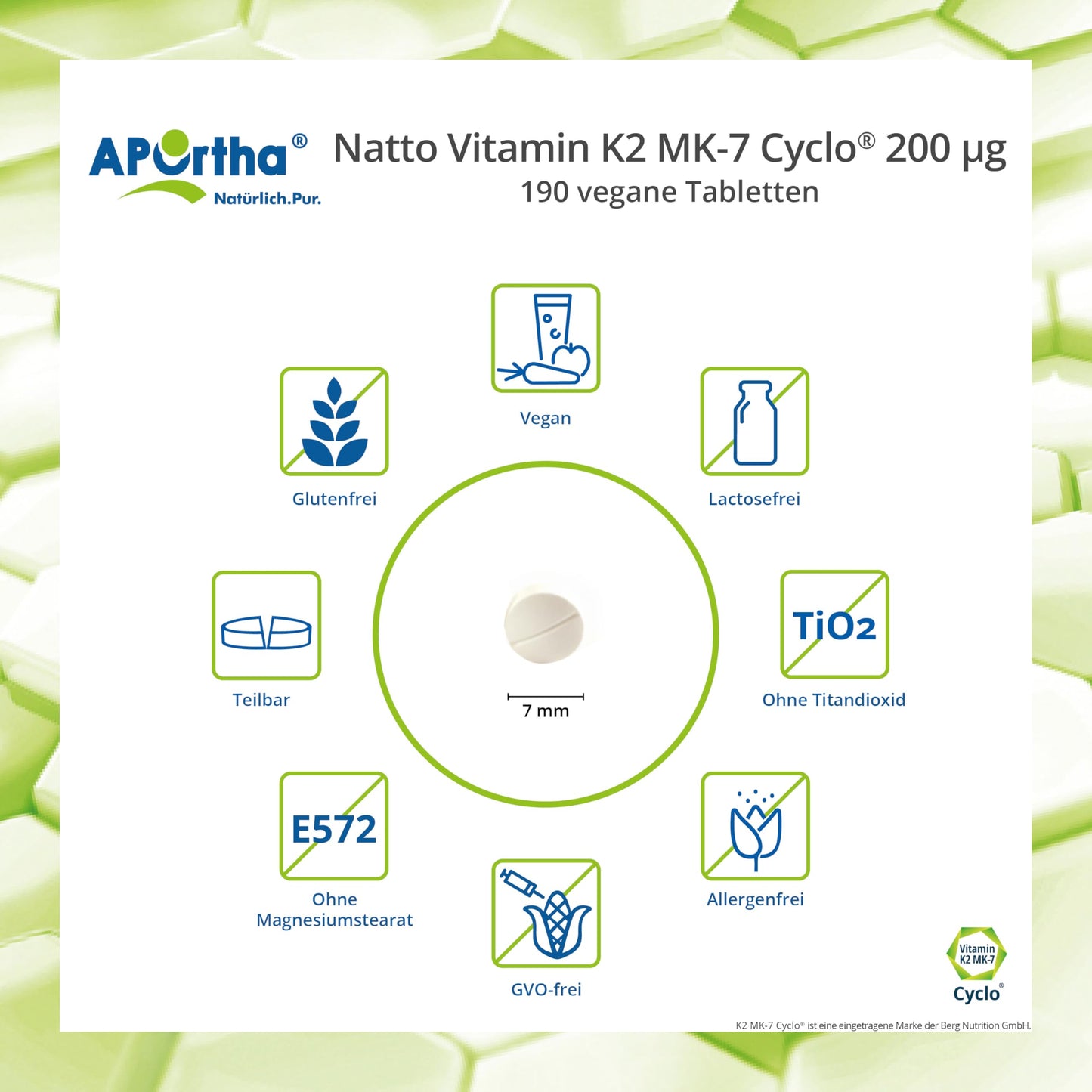 Aportha Natto Vitamin K2 – Menaq Uinon Mk7 200 mcg Hochdosiert – 190 Vegan Tablets – 95 +% All Trans Menaq Uinon 7 | High dose, vegan, high-quality Natto K2 vitamin easy to swallow, dietary supplement Vit K2, vitamin K 2