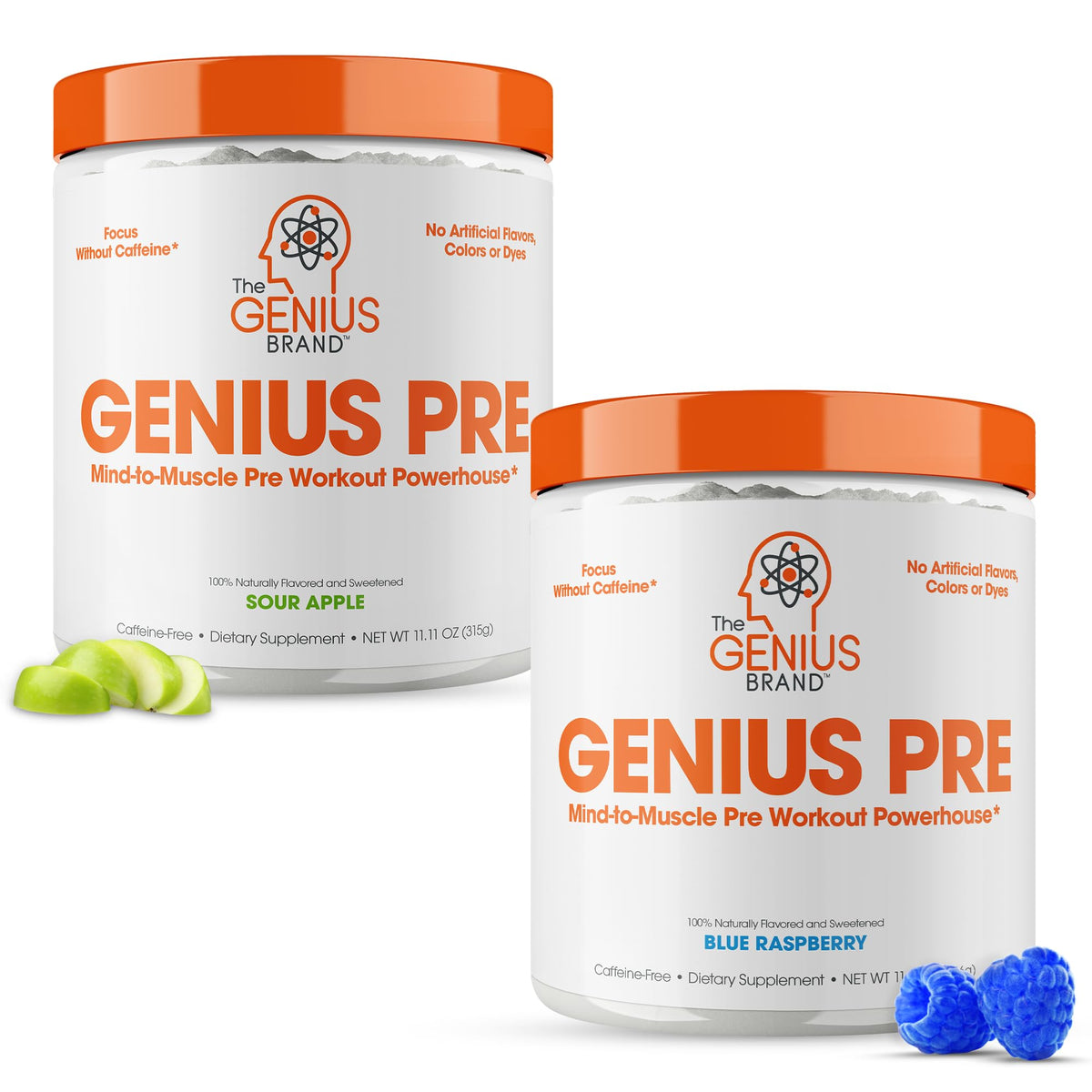 Genius Pre-Workout Supplement Bundle - Blue Raspberry & Sour Apple - Caffeine