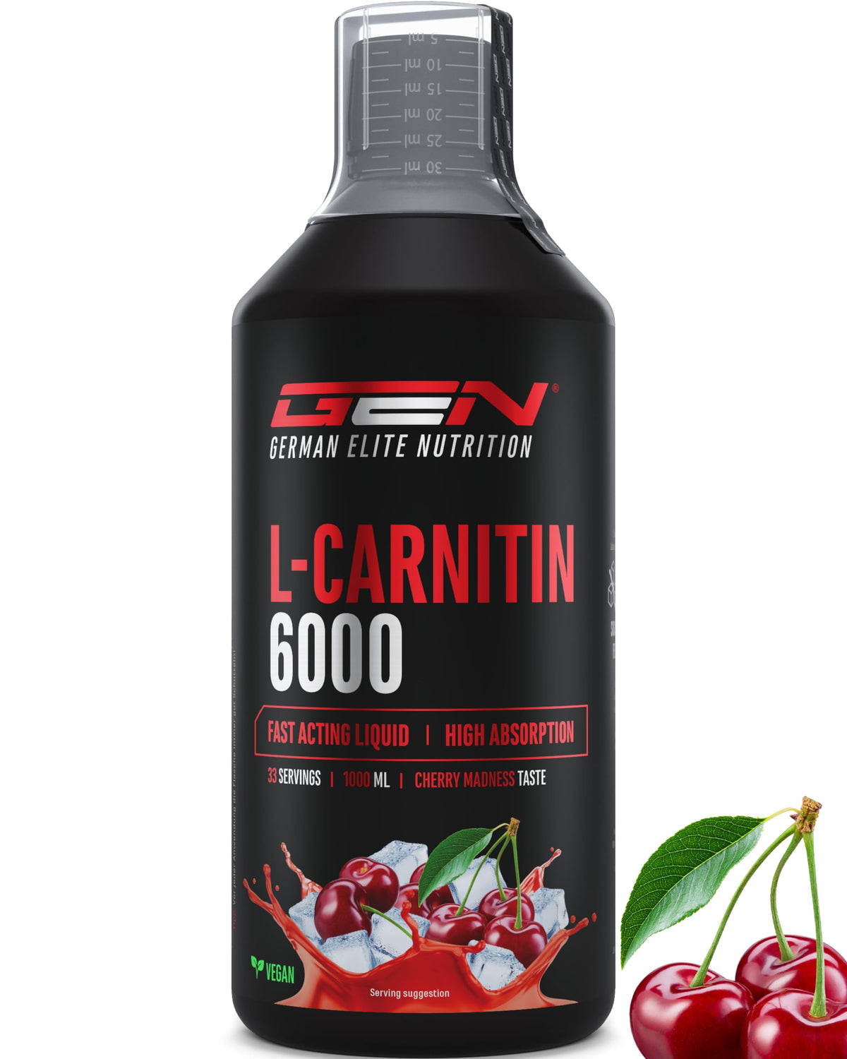 Gen German Elite Nutrition L-Carnitine 6000 Liquid - 1000 ml | Cherry Madness flavour - extra high dose with 6000 mg pure L-carnitine per daily serving - amino workout drink - vegan