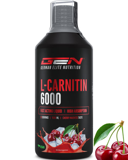Gen German Elite Nutrition L-Carnitine 6000 Liquid - 1000 ml | Cherry Madness flavour - extra high dose with 6000 mg pure L-carnitine per daily serving - amino workout drink - vegan