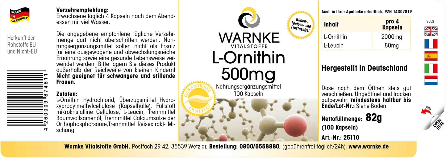L-Ornithine Capsules, 500 mg L-Ornithine per Capsule, 100 Capsules, High Dose & Vegan, Amino Acid, Warnke Vital Substances, German Pharmacy Quality