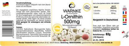 L-Ornithine Capsules, 500 mg L-Ornithine per Capsule, 100 Capsules, High Dose & Vegan, Amino Acid, Warnke Vital Substances, German Pharmacy Quality