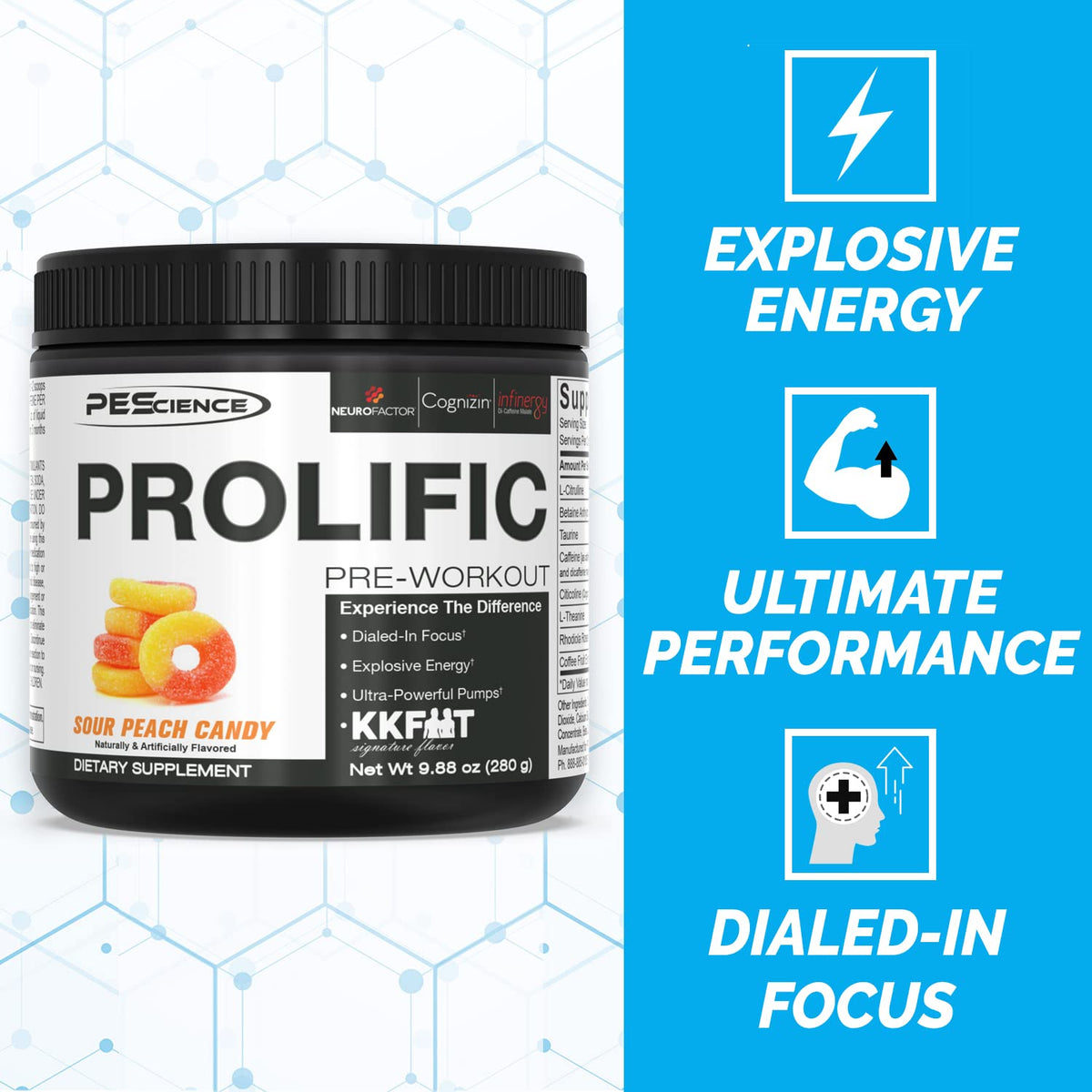 PEScience High Volume + Prolific Pre-Workout Stack, Powerful Nitric Oxide & Energy Supplement Bundle, Sour Peach Candy