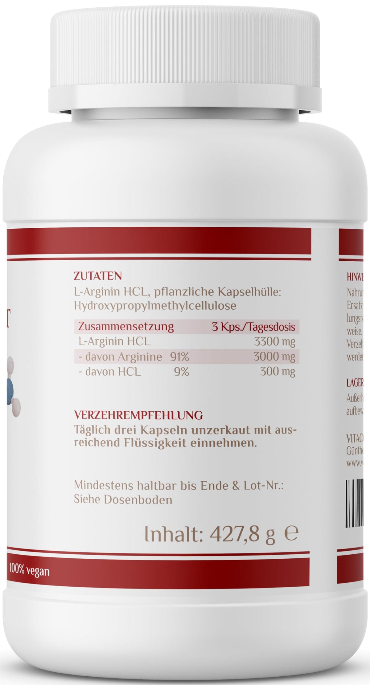 Vitaconcept I L-Arginine I 365 Capsules I High Dose I 1000 mg per Capsule I 98.7% Pure L-Arginine I Vegan