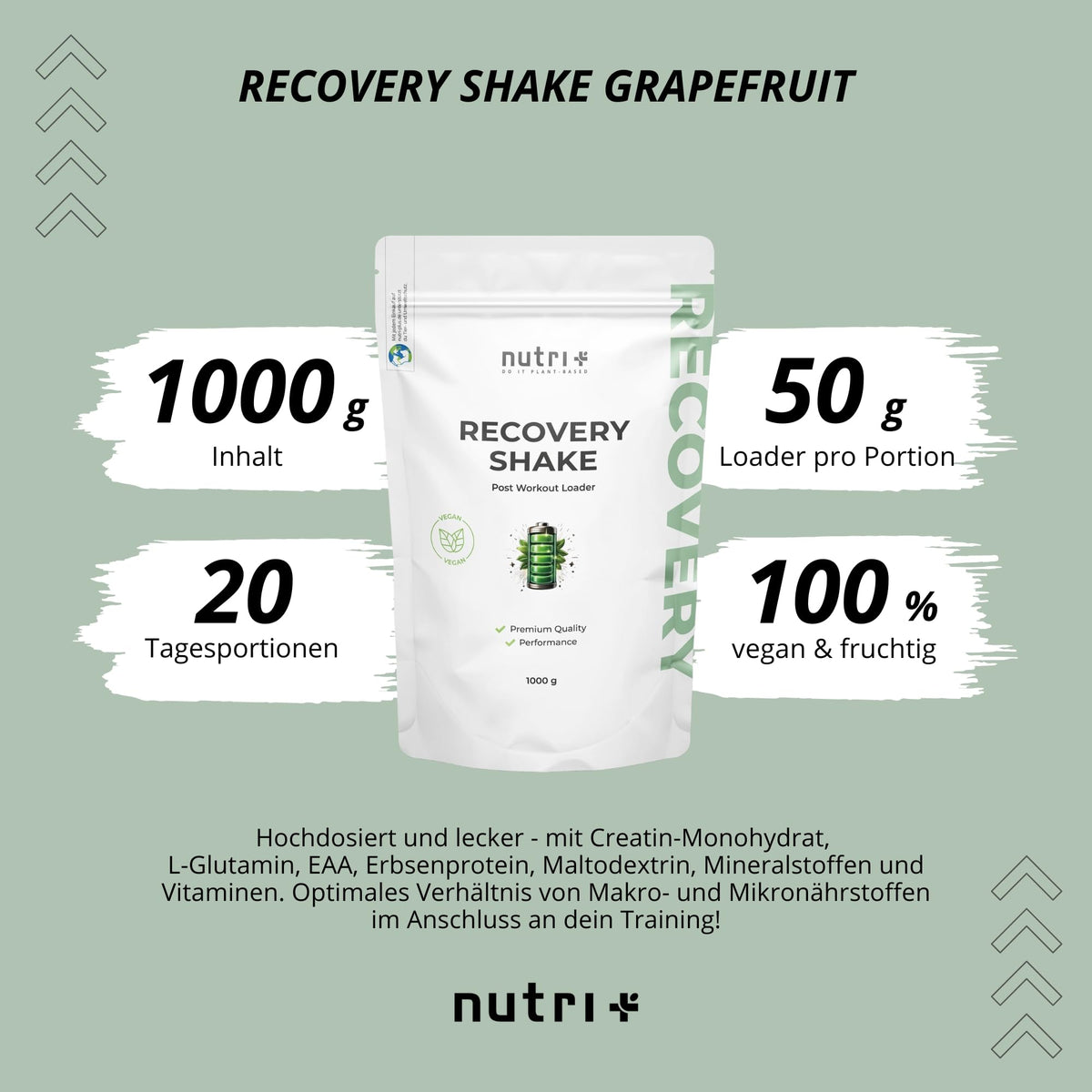 Nutri + Recovery Drink Post Workout Shake - V-Loader Supplement Vegan - 1 kg Grapefruit Powder - Maltodextrin - Protein Powder - Creatine - L-Glutamine