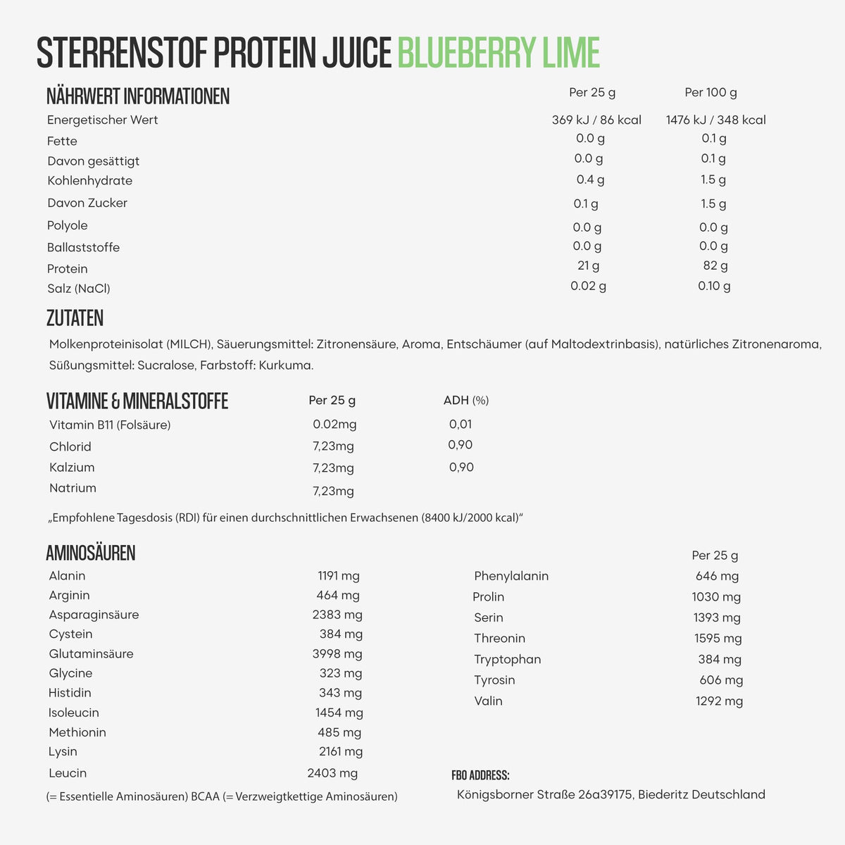 Sterrenstof Protein Juice Blueberry Lime Flavour Clear Whey Protein Drink - 21g Protein Per Serving - Only 86kcal Low Sugar Refreshing Protein Lemonade - 500g - 20 Servings Protein Powder