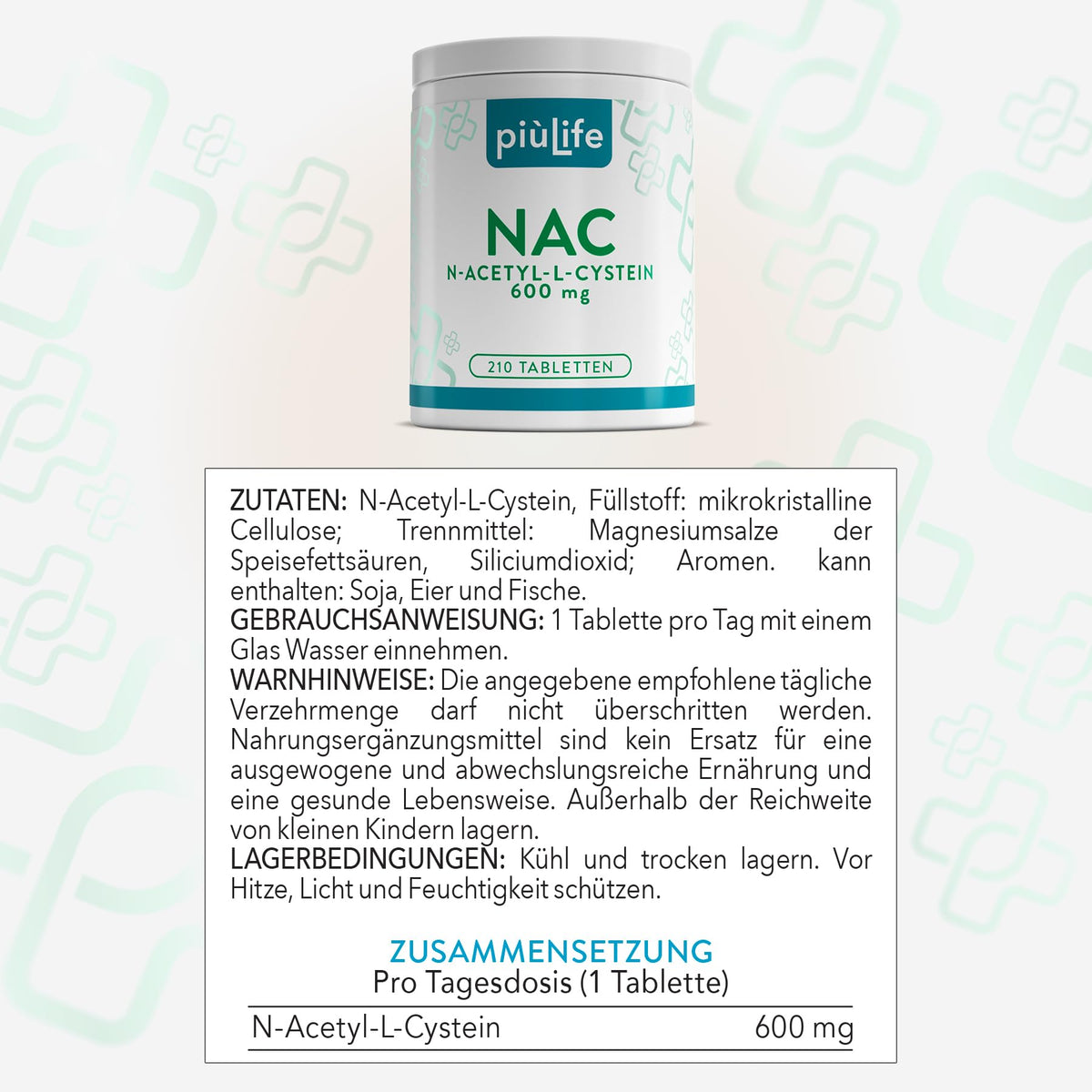 NAC 600mg N Acetyl Cysteine PiùLife - 210 Tablets | Once a day - Glutathione synthesis - Popular ingredient for your daily vitality - Gluten & Lactose Free