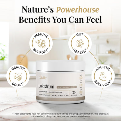 Elavite Bovine Colostrum Powder (Unflavored) Grass Fed Colostrum Supplement for Gut Health, Immune Support Healthy Hair, Skin & Nails - 30 Servings ElaviteBuy Supplements Australia