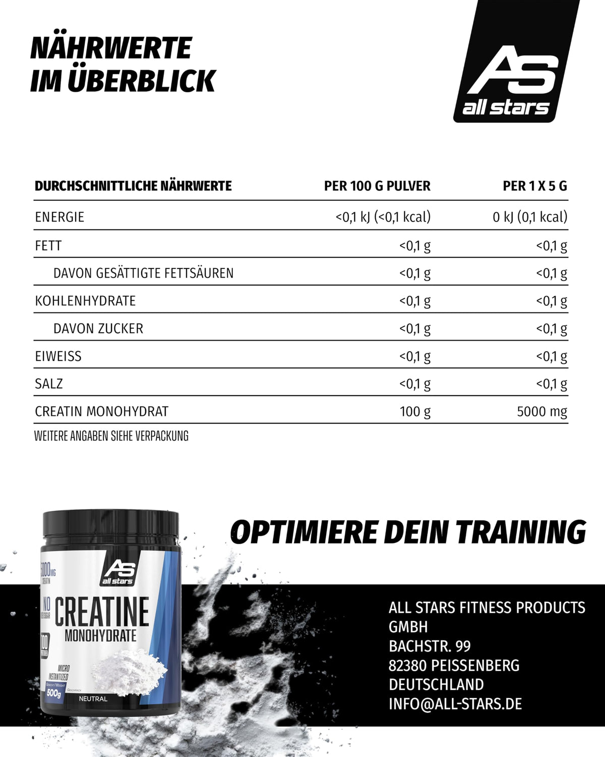 All Stars Creatine Monohydrate Powder High Dose 500 g Vegan | 100% creatine monohydrate 5000 mg per daily ration, without added sugar and artificial additives, lactose and gluten free