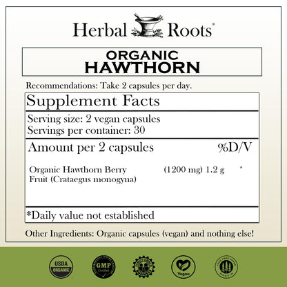 Herbal Roots Organic Hawthorn Berry Capsules | Extra Strength 1,200mg per Serving | 60 Vegan Capsules