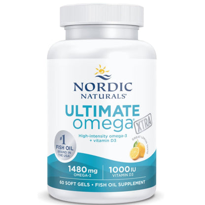 Nordic Naturals Ultimate Omega Xtra 1480 mg High Dose Omega 3 Fish Oil Capsules with EPA, DHA and Vitamin D3, High Dose, Lemon Flavour, 60 Soft Capsules, Soy Free, Gluten Free, GMO Free