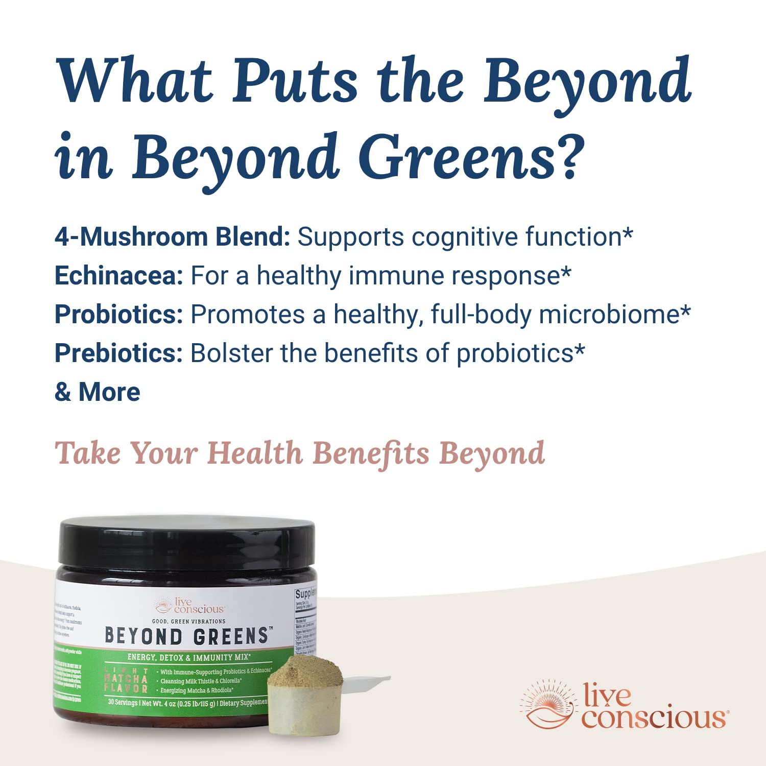 Live Conscious Beyond Greens Superfood Powder - Delicious Debloating Super Greens Powder - Matcha Greens Blend w/Chlorella, Echinacea, Probiotics for Immune Support & Energy Live ConsciousBuy Supplements Australia