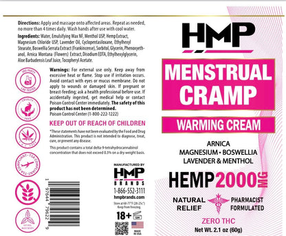 HMP BRANDS Menstrual Cramp Hemp Cream 2000MG with Menthol, Easy to Use, Natural Formula Made in USA 2.1oz HMP BRANDSBuy Supplements Australia