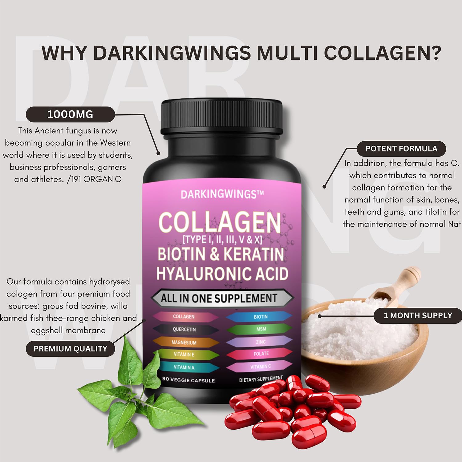 Multi Collagen Pills Peptides Types I, II, III, V & X MCG Biotin Keratin Hyaluronic Acid MSM Vitamin C Zinc Magnesium with Grape Seed Extract, Quercetin - Hair Skin and Nails Vitamins Capsule DarkingwingsBuy Supplements Australia