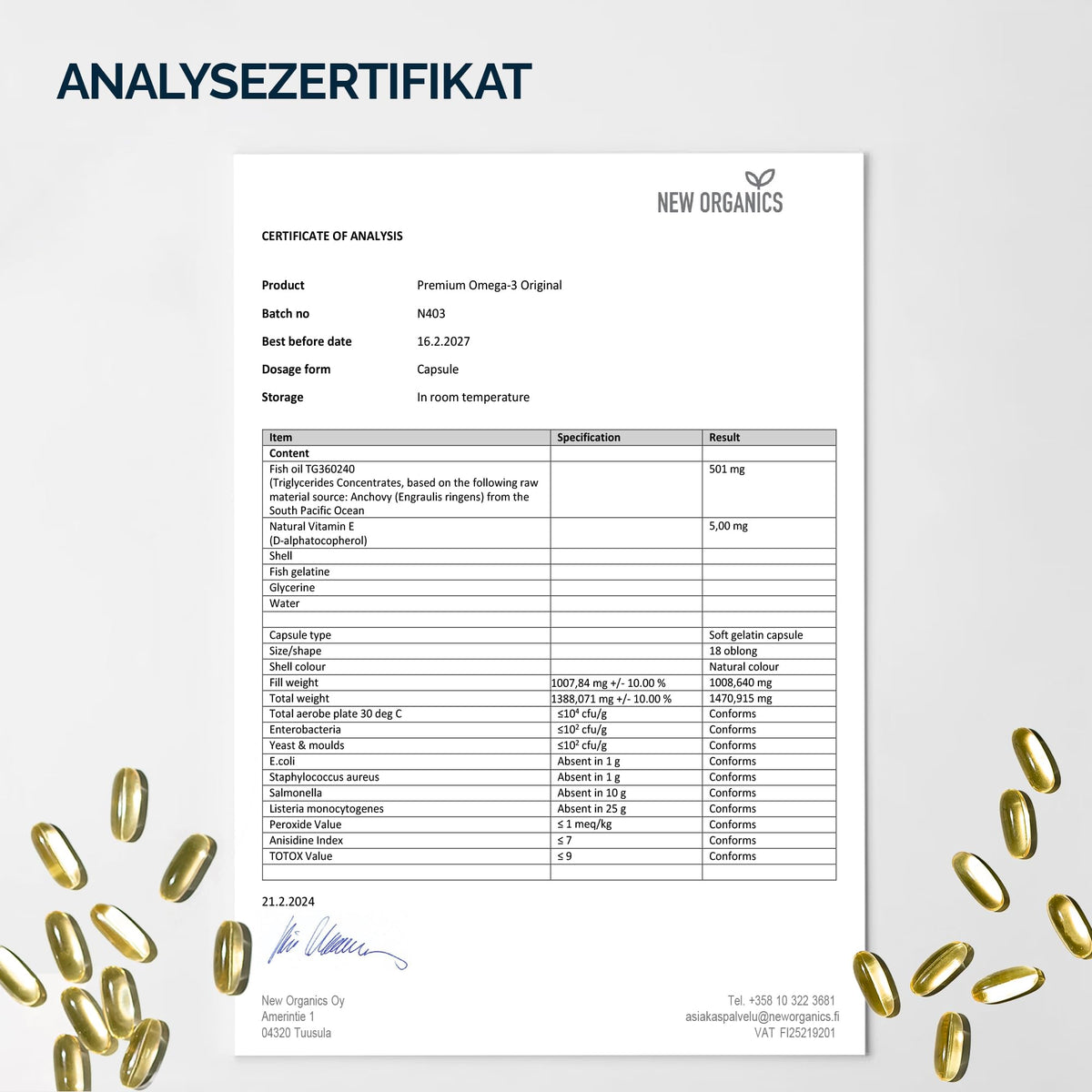 NFO OMEGA 3 PREMIUM [90 Kapseln] Hochdosiertes Fischöl mit hohen Konzentrationen an EPA & DHA in Triglyceridform mit Vitamin E Natürlicher Komplex aus Fettsäuren aus Wildfisch, Hergestellt in Finnland