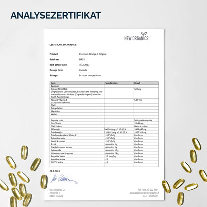 NFO OMEGA 3 PREMIUM [90 Kapseln] Hochdosiertes Fischöl mit hohen Konzentrationen an EPA & DHA in Triglyceridform mit Vitamin E Natürlicher Komplex aus Fettsäuren aus Wildfisch, Hergestellt in Finnland