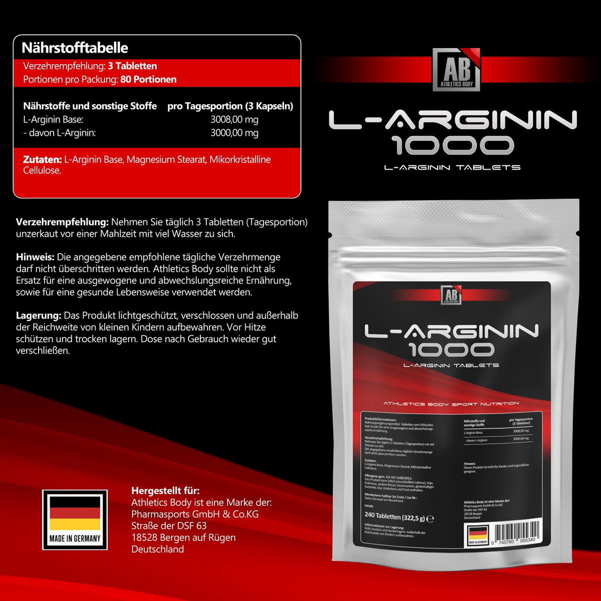 L Arginine 6000 - per serving 6000 mg arginine - per tablet 1000 mg arginine - 240 pieces - premium grade