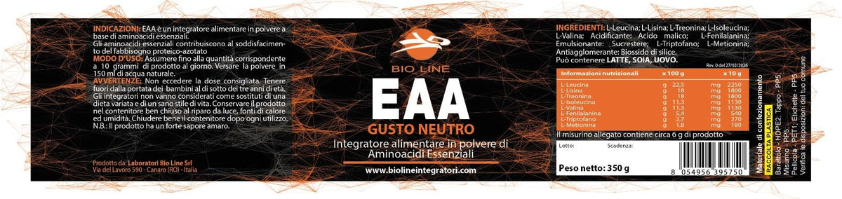 Laboratori Bio Line - EAA Essential Amino Acid Powder with Branched Amino Acids BCAA 2 1 1 (350 g) Pre-Workout, Intra Workout or Post Workout, for Muscle Mass (Neutral)