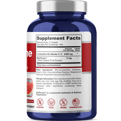 NusaPure L-Citrulline 2,400mg 200 Vegetarian Tablets (Non-GMO, Gluten Free, 100-Day Supply, Bioperine)