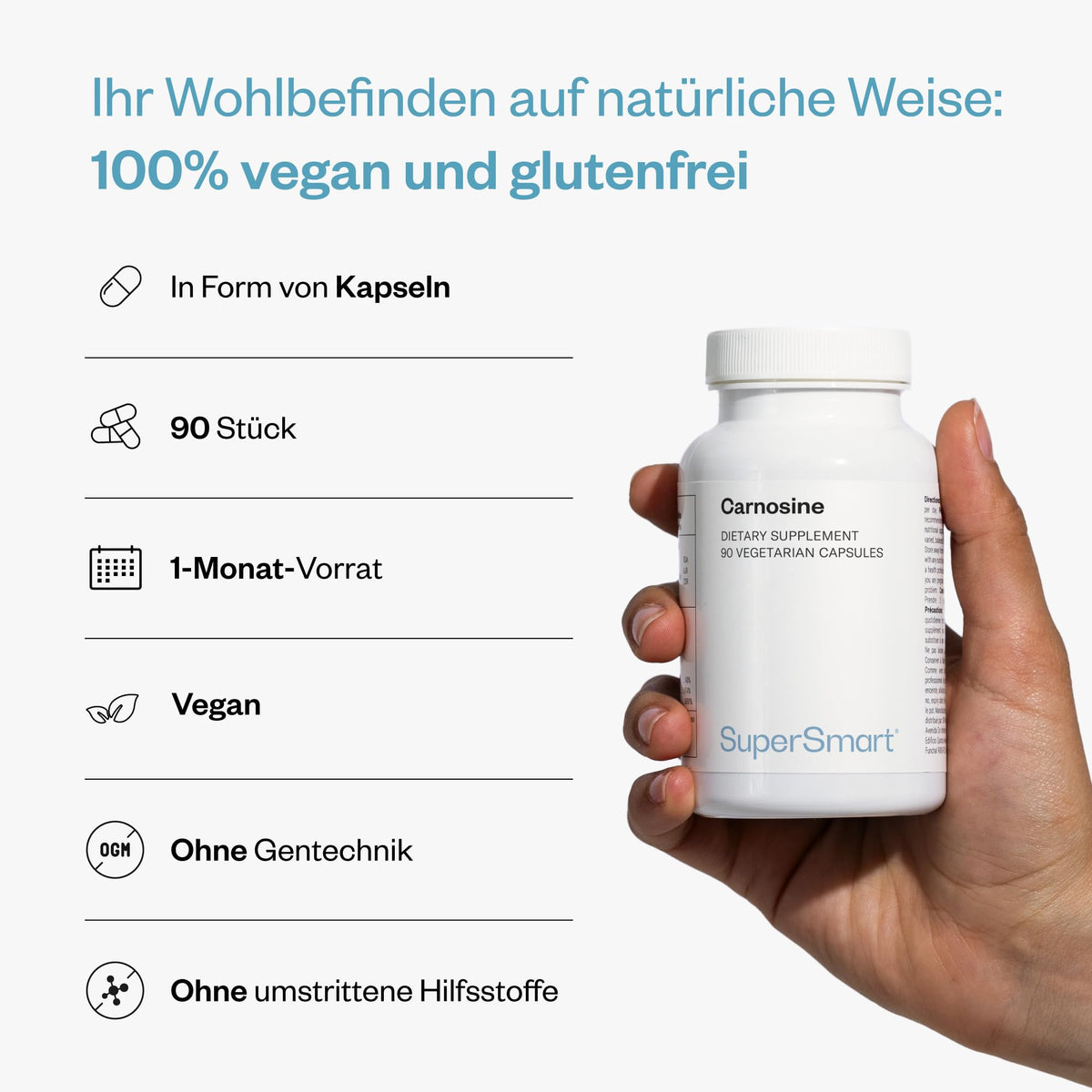 Carnosine (L-Carnosine) - Helps Reduce Glycation - Cell Protection - Anti-Ageing Effect - Vegan - Gluten Free - SuperSmart